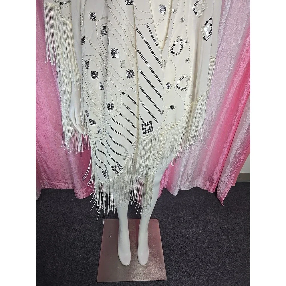 Anna Kaci Exquisite White Sequin Fringe Statement Shawl Wrap One Size